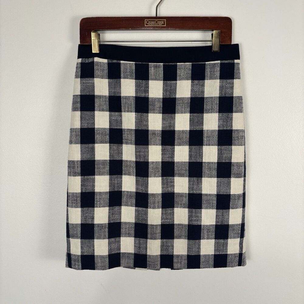 J Crew The Pencil Skirt Womens 4 Navy & White Check Cotton Linen Woven Skirt
